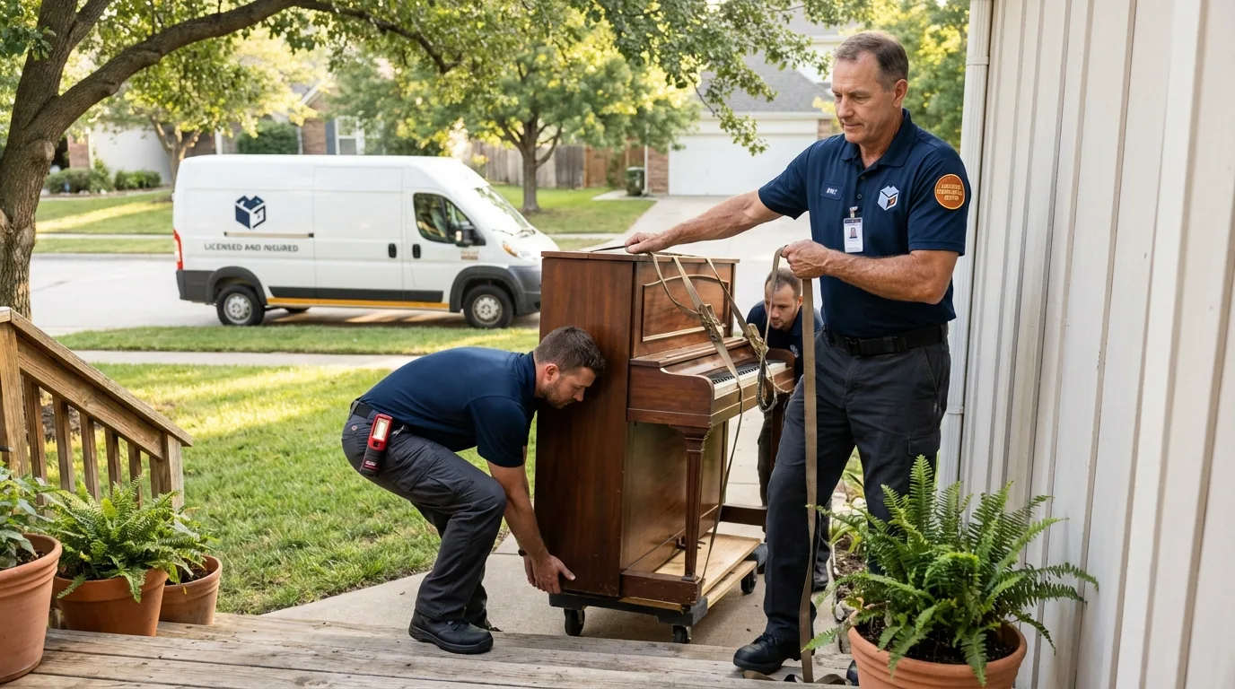 Licensed piano movers securing grand piano in Wilder, ID