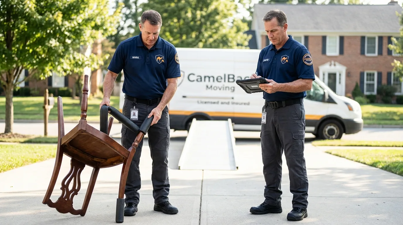 Movers inspecting furniture for damage prevention before loading in Wilder, ID